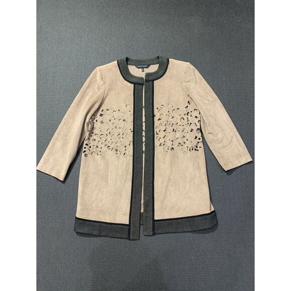 Ming Wang Sweaters - Ming Wang Size Small Heritage Laser Cut Faux Suede Open Jacket Tan Black‎